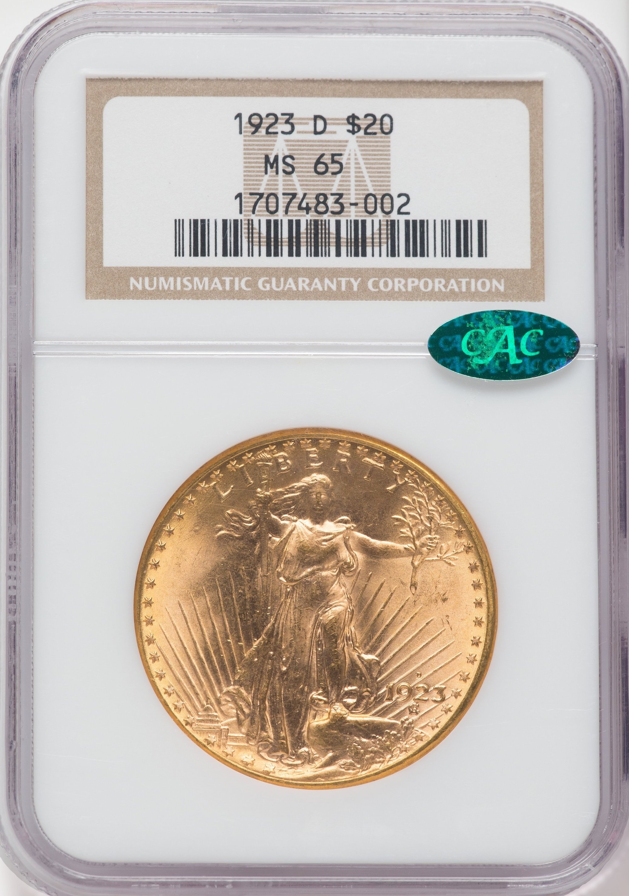 1923-D $20 CAC Saint-Gaudens Double Eagle NGC MS65 - LCR Coin