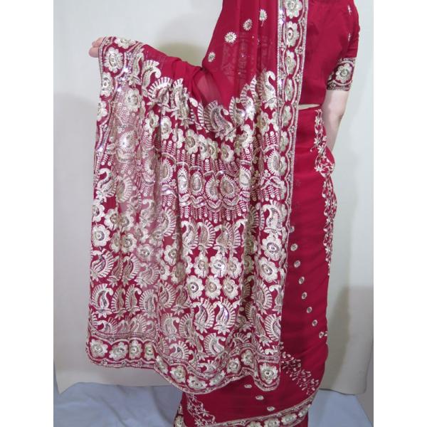 インドサリー豪華な刺繍ピンクシフォン民族衣装