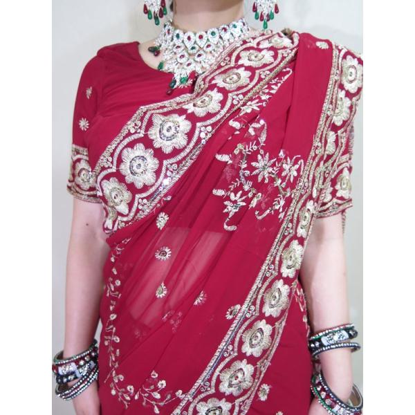 インドサリー豪華な刺繍ピンクシフォン民族衣装