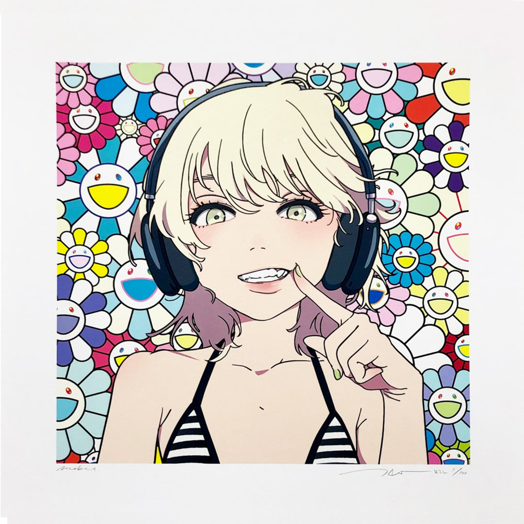 mebae × 村上隆版画smile_02ブルーヘアー、ピンクヘッドホンwM.F