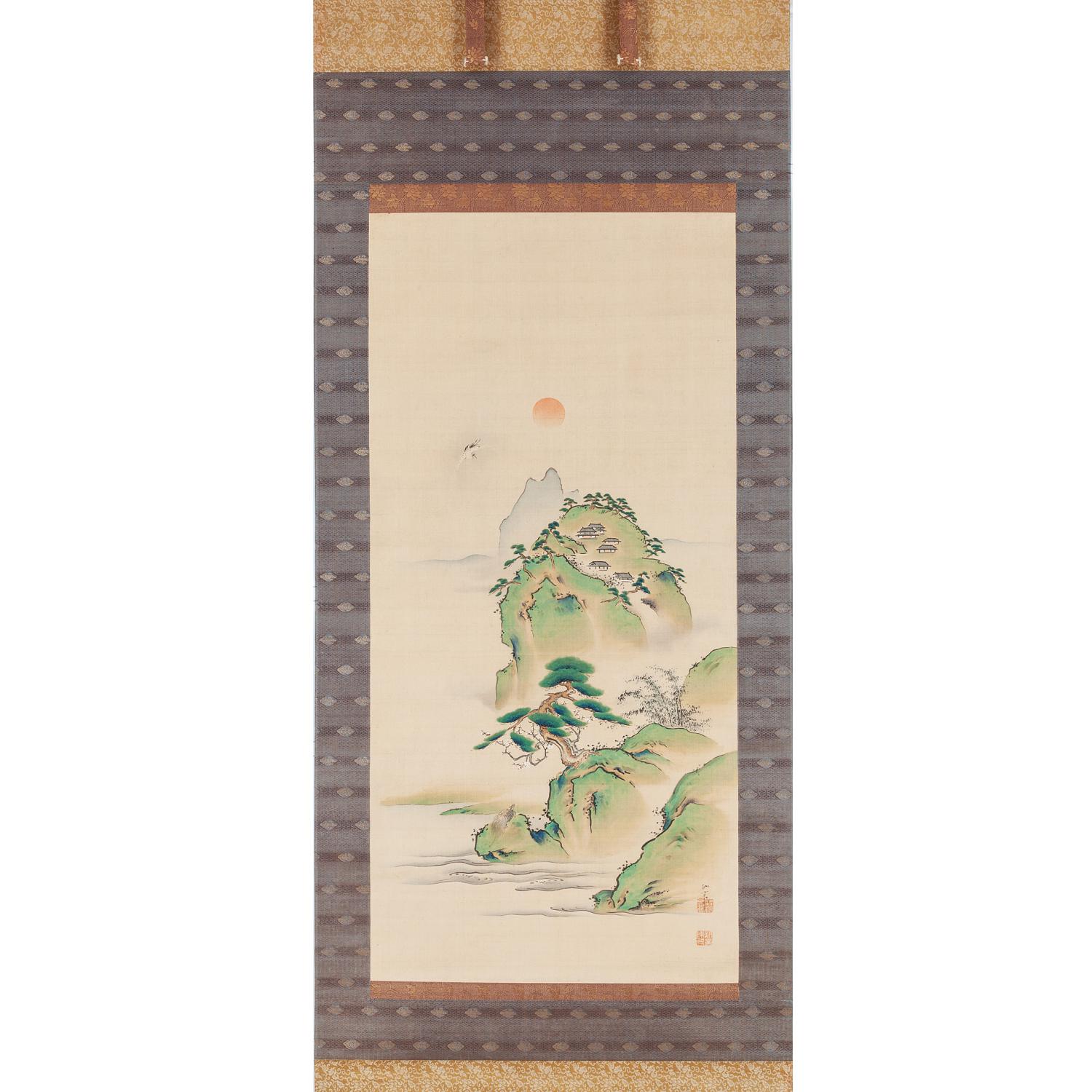 田能村竹田筆 絹本淡彩水墨【黄金水湧出之図】大徳寺378世無