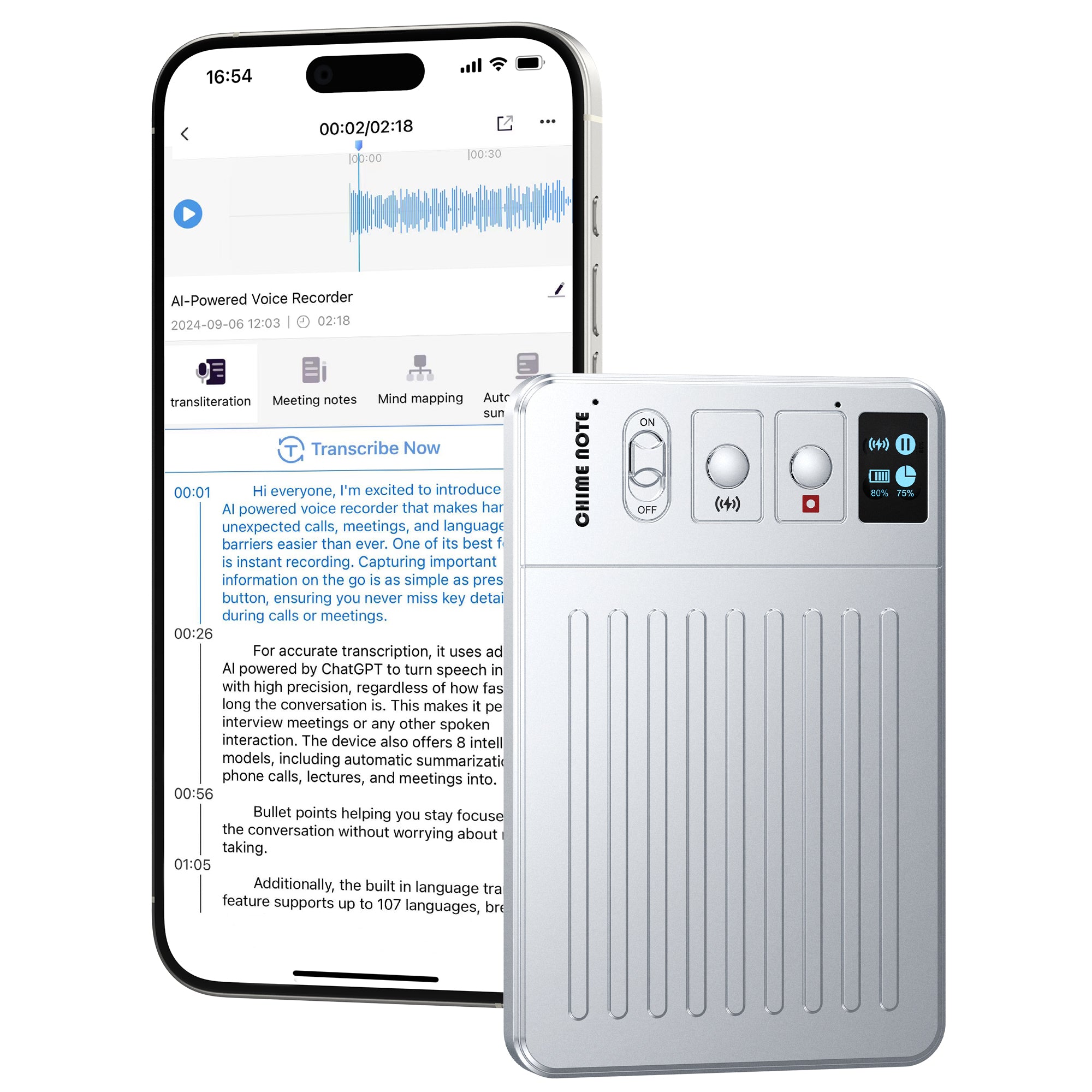 CHIME NOTE Pro AI Voice Recorder with ChatGPT-Powered Summaries