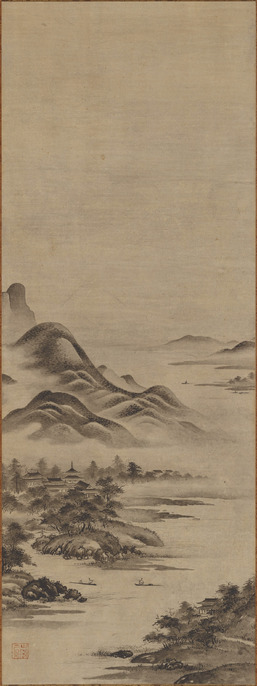 真作/谷文晁/山水集落図/山水図/布袋屋掛軸HJ-34