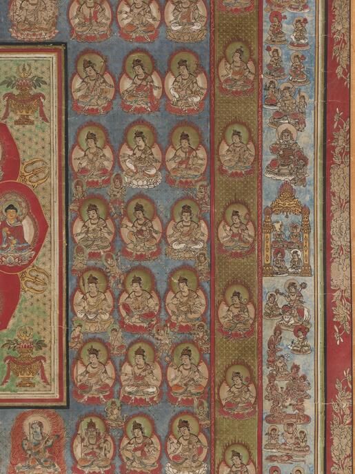 密教仏画 金剛界系曼荼羅図 祖師像付 仏教掛軸 寺院様式 七宝瀧寺絹本