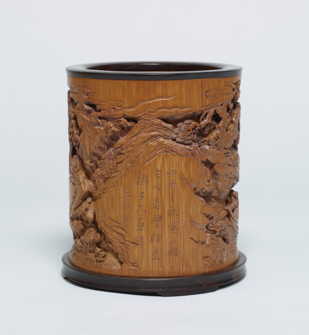 中国美術 竹製彫刻 筆立 筆筒 置物 骨董 中国美術 竹製彫刻 筆