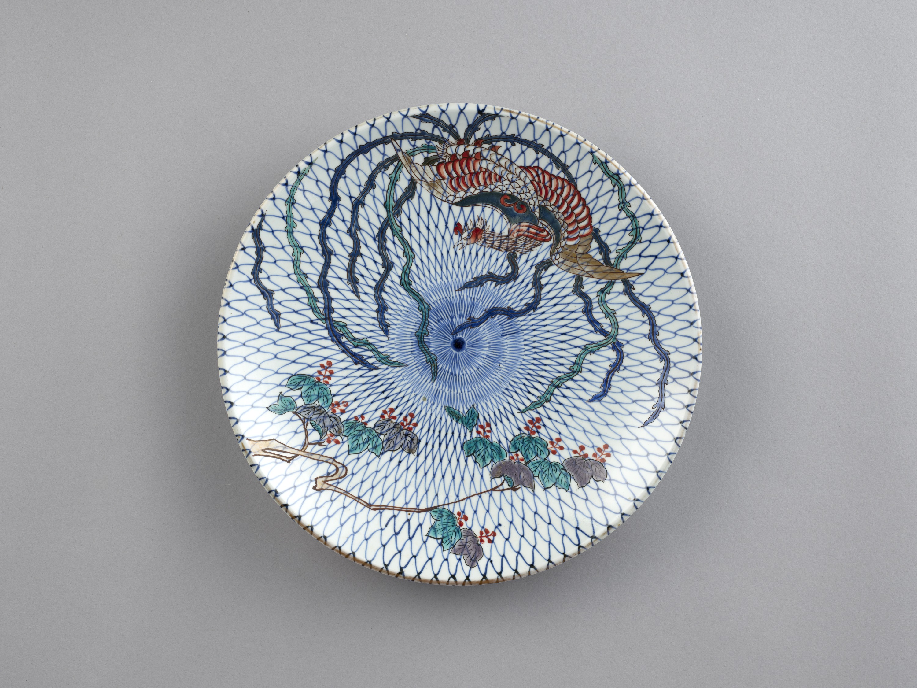 九州国立博物館 | 収蔵品データベース | 色絵桐鳳凰図網目文大皿