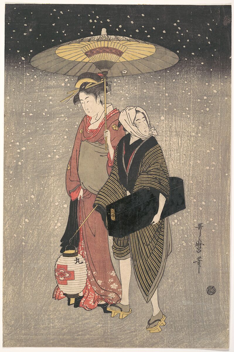 Kitagawa Utamaro - Geisha Walking through the Snow at Night