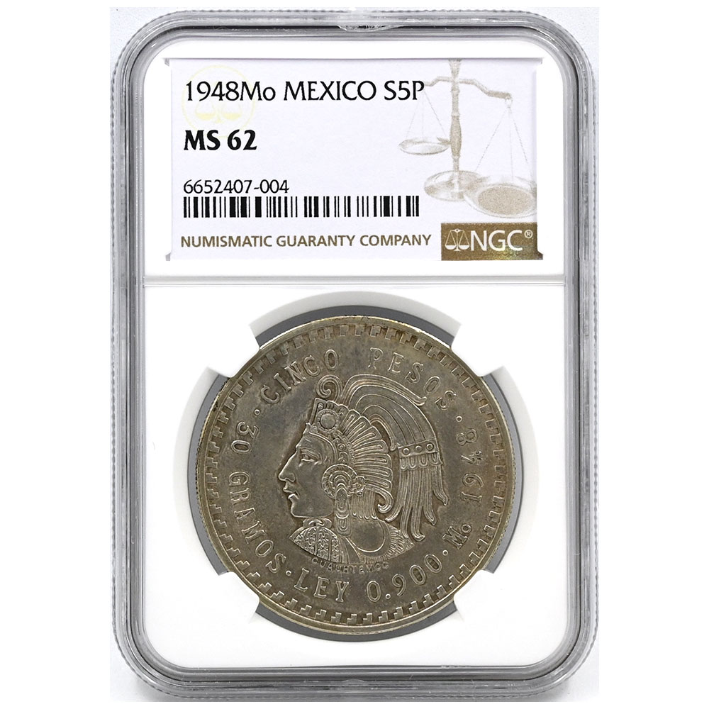 メキシコ 1948Mo クアウテモック王 5ペソ 銀貨 NGC MS62 6652407004