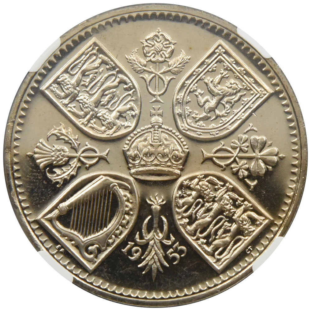 イギリス 1953 エリザベス2世 クラウン 白銅貨 NGC PF 65 CAMEO