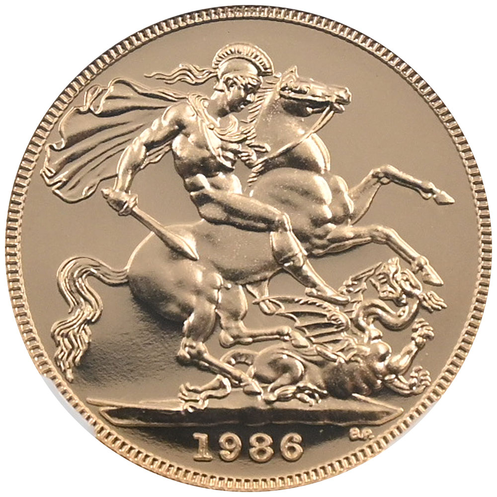 イギリス 1986 エリザベス2世 1ソブリン 金貨 NGC PF70CAMEO 聖