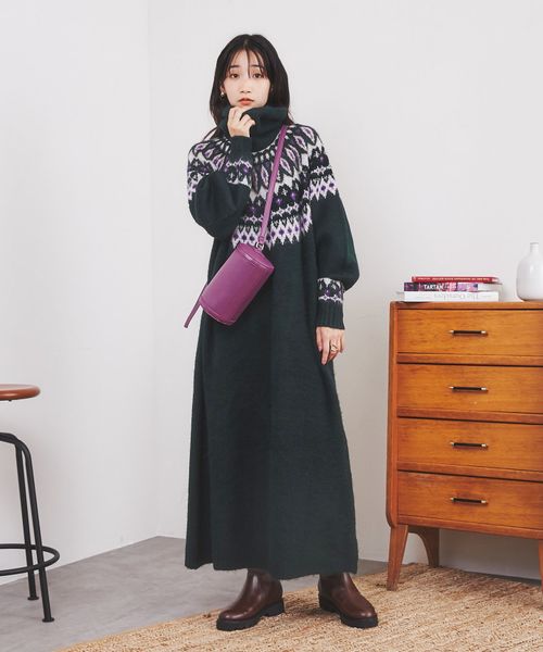 洗える］もちふわキュウシン編みタートルニットワンピース