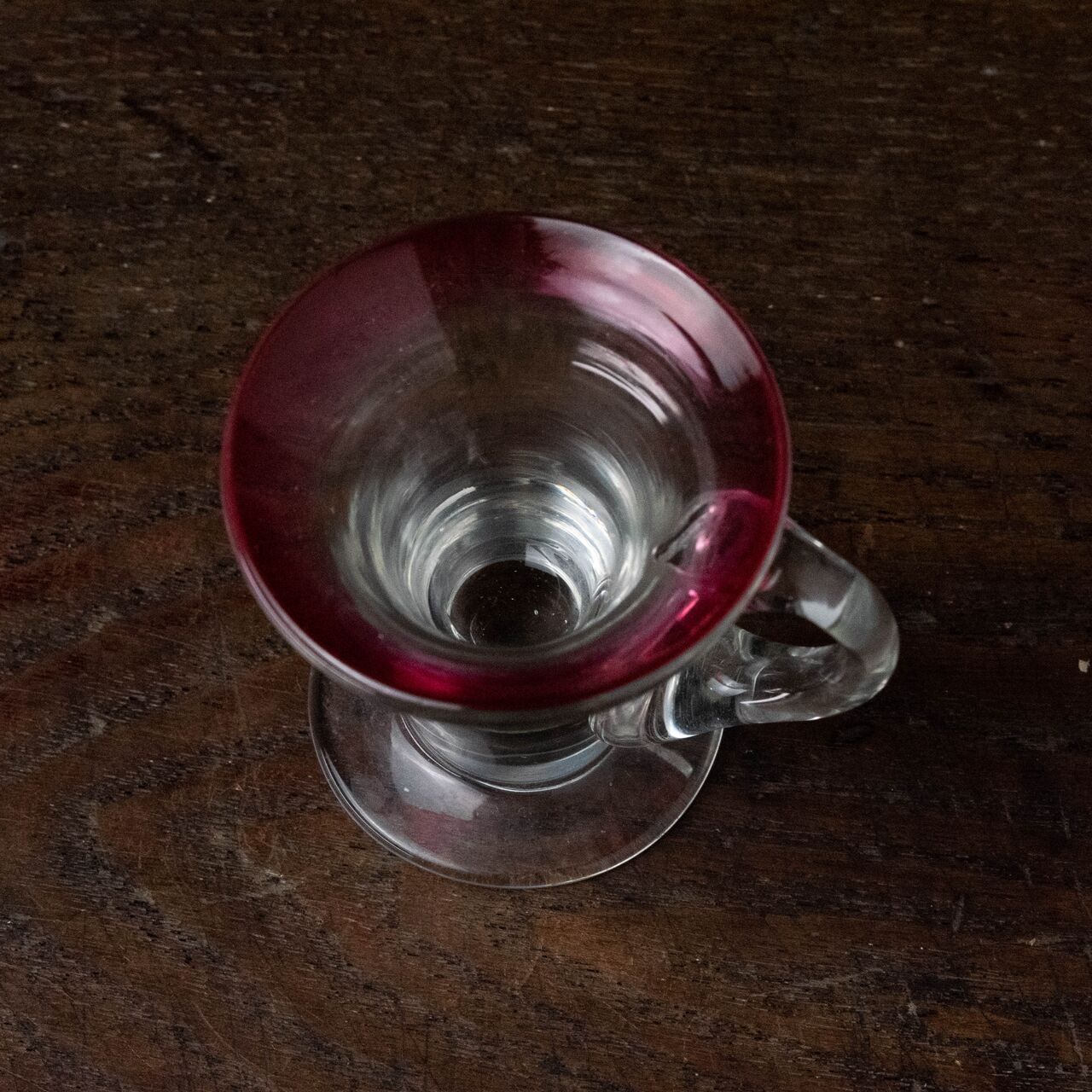 骨董 時代 希少金赤ガラス 取手付き プレス調 アイスクリームコップ