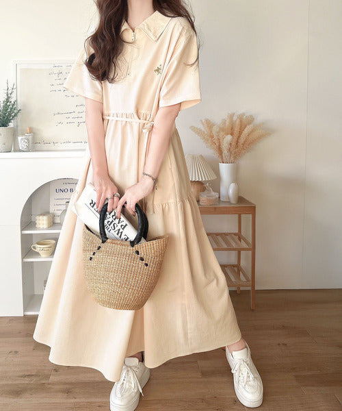 トレンドのティアード♪胸刺繍サッカーハーフZIPワンピース（ロング