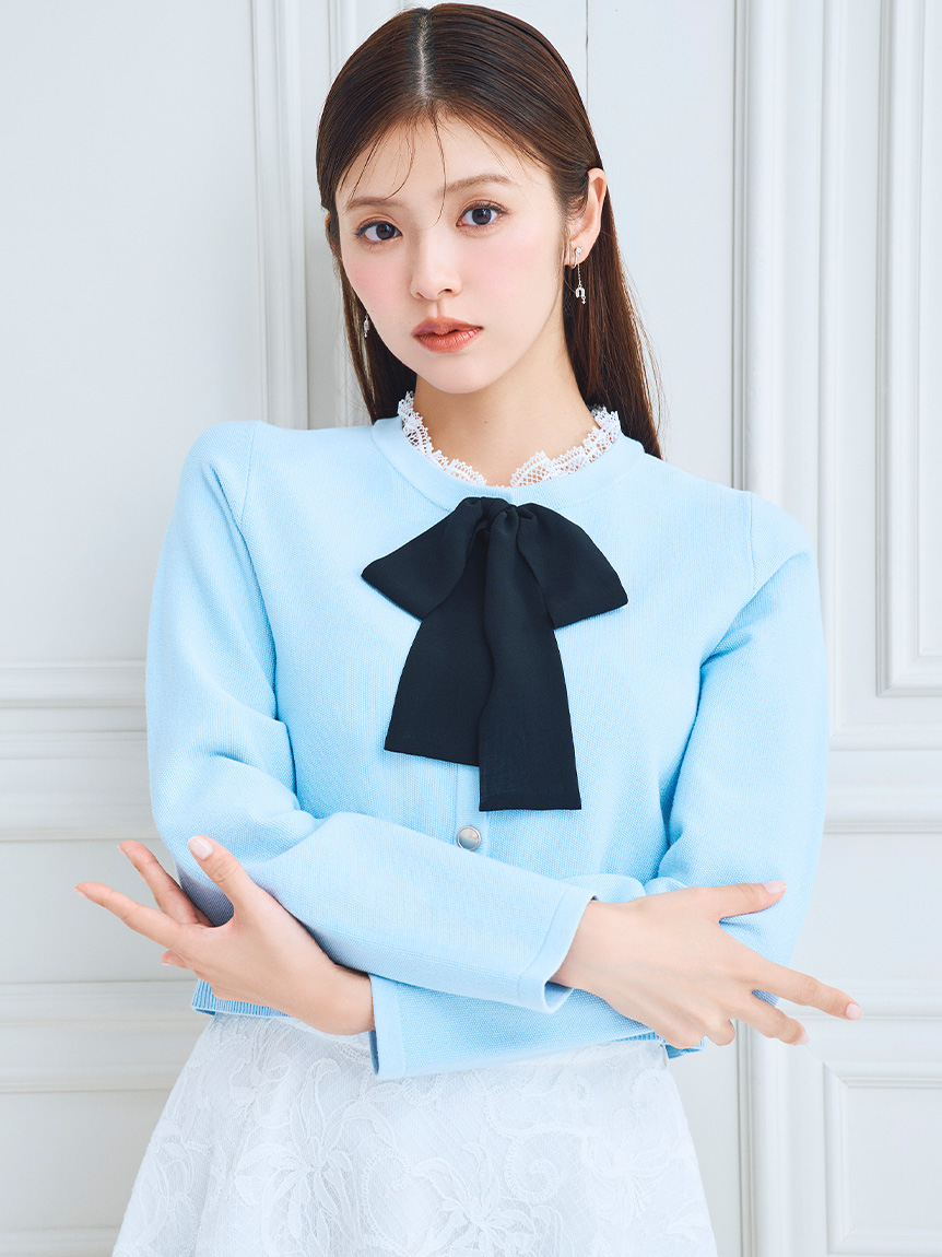 デタッチャブルリボン＆カラーカーディガン(ニットプルオーバー)｜TOPS
