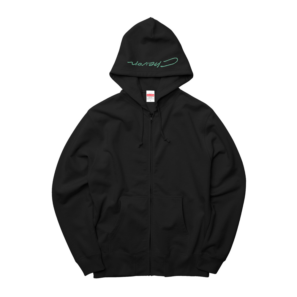 Chevon 【受注生産限定】刺繍ジップパーカー / 緑刺繍 / グレー XXL