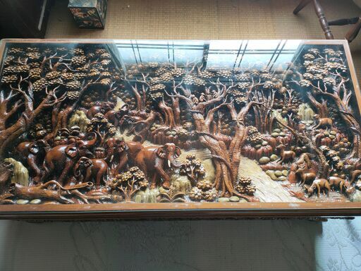 テーブル 彫刻 アンティーク 象 アジアン家具 木製家具 ガラス天板