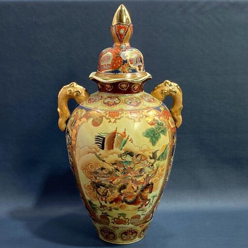 中国 嶺東窯 小琦作 金襴手騎馬武者図耳付大壺 薩摩風 金彩 武者絵