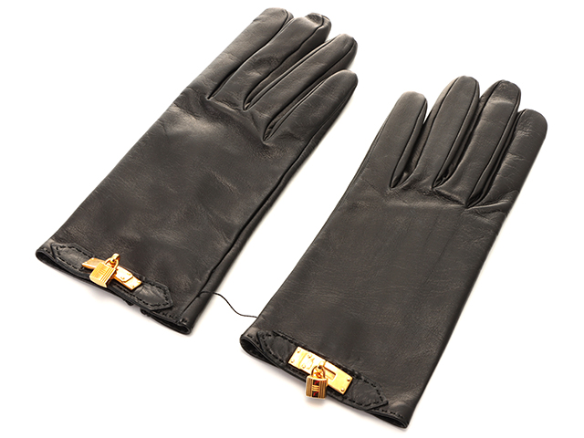 エルメス ブラックレザー手袋 ゴールド装飾付き
