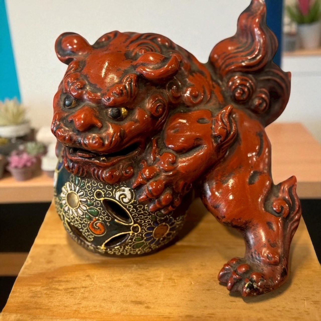 日本赤釉唐獅子 三生蔵 古銅獅子置物 玉獅子 年代物 民藝