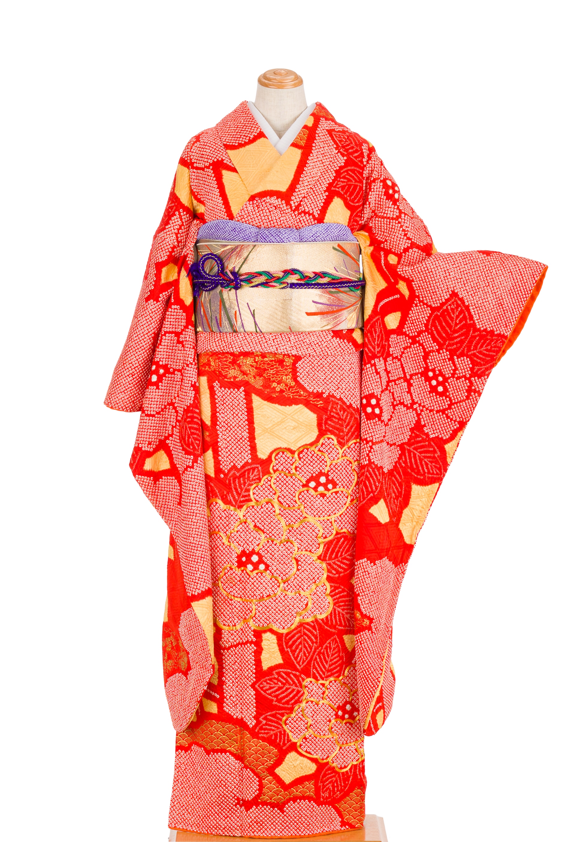 セミアンティーク振袖 総絞り 牡丹と竹 - からん::アンティーク着物