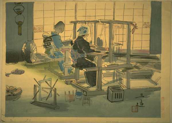 和田三造による浮世絵「Weaving — はたおり (機織り)」