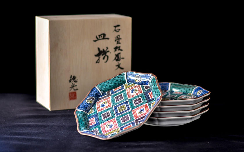 九谷焼 角皿 2374 九谷焼 角皿 5客 時代物 2374 九谷焼 角皿 5客