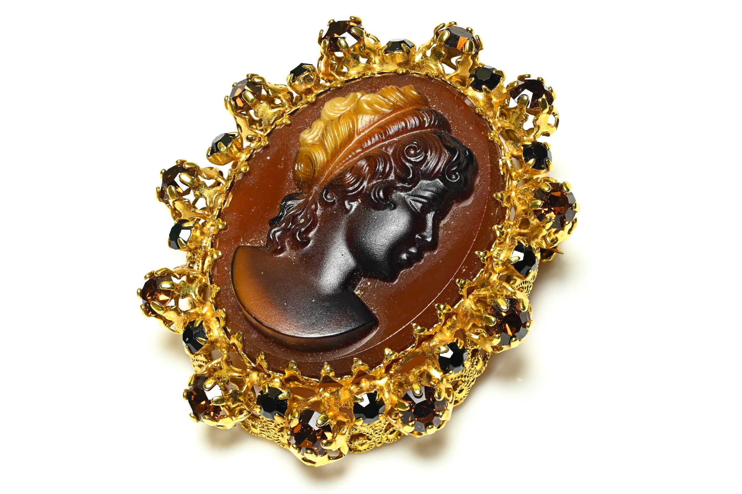 Vintage 1950's Austria Brown Crystal Cameo Lady Brooch