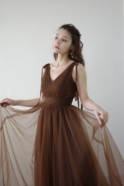 リボンショルダー Vネック ブラウン チュールドレス（W271）