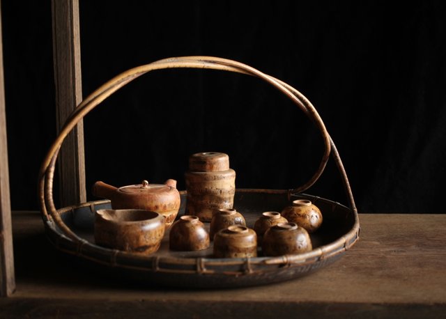 竹根 煎茶道具一式 急須 湯冷 茶入 煎茶椀 U215｜骨董店 のびる 古美術