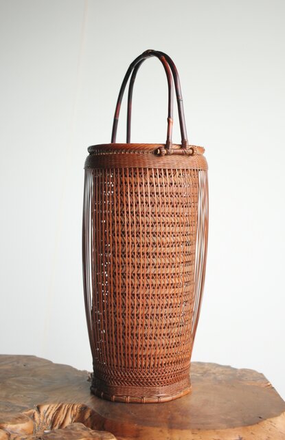 茶道具 竹峰造 古竹細工 鳳尾竹 掛花籠 竹籠 共箱