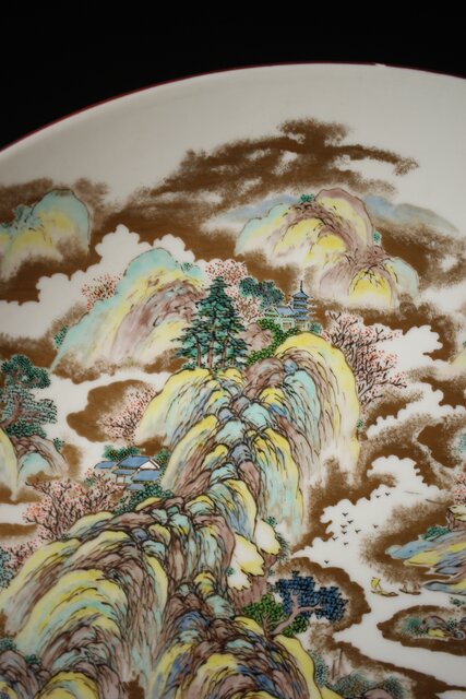 九谷 二代 上出喜山 山水楼閣図 大皿 P259｜骨董店 のびる 古美術 骨董