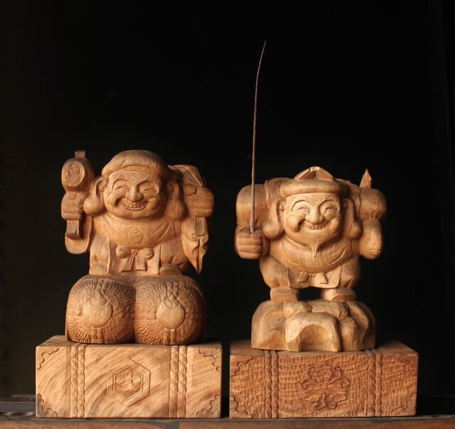 昭和レトロ 天然木 一刀彫 極上彫 七福神 大黒様 大黒天 恵比寿様 大型