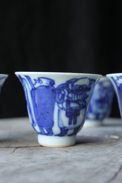 FB074 【春鄰 造】染付 五清漢詩文 煎茶碗 五客 木箱