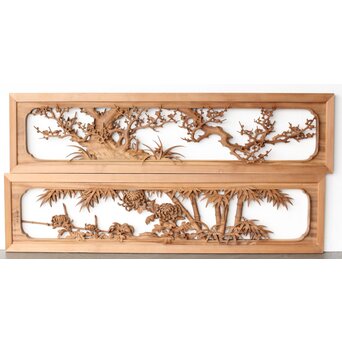 井波彫刻 今井幸二郎銘 四君子木彫欄間 2枚1組 R0455｜骨董店 のびる