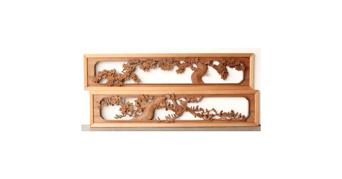 寺崎明 井波彫刻 花鳥木彫欄間 2枚1組 R0467｜骨董店 のびる 古美術