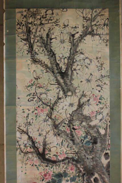 真作/田能村直入/羅漢像画賛/絹表装/軸先紫檀/布袋屋掛軸HE-948