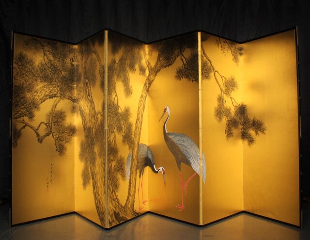 荒木十畝 金地 鶴図 大屏風 Z972｜骨董店 のびる 古美術 骨董 和風建具