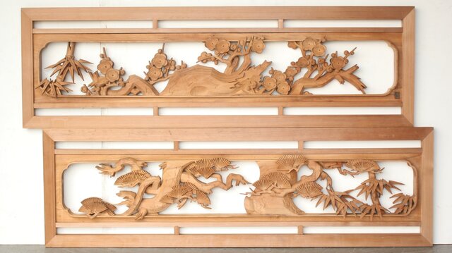 BK193 高級建具 井波彫刻 濱坂中義 作 書院 欄間 水鳥に庭園の図 BK193