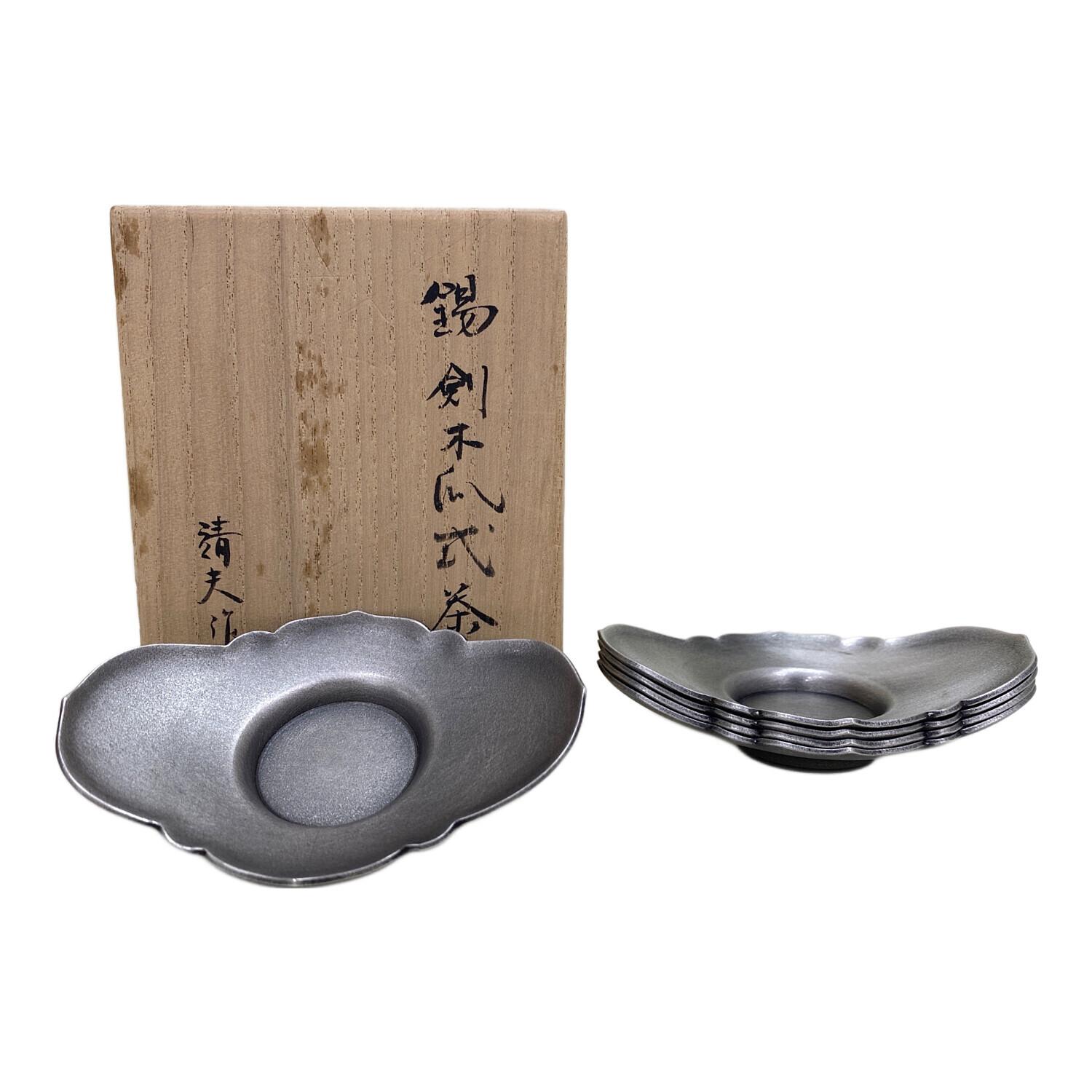 中国 古錫 洸存周款 木瓜式 茶托 五客 合計約186g V R7463 中国 古錫