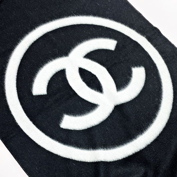 CHANEL シャネル ストール ブラック×ホワイト ココマーク カシミヤ100