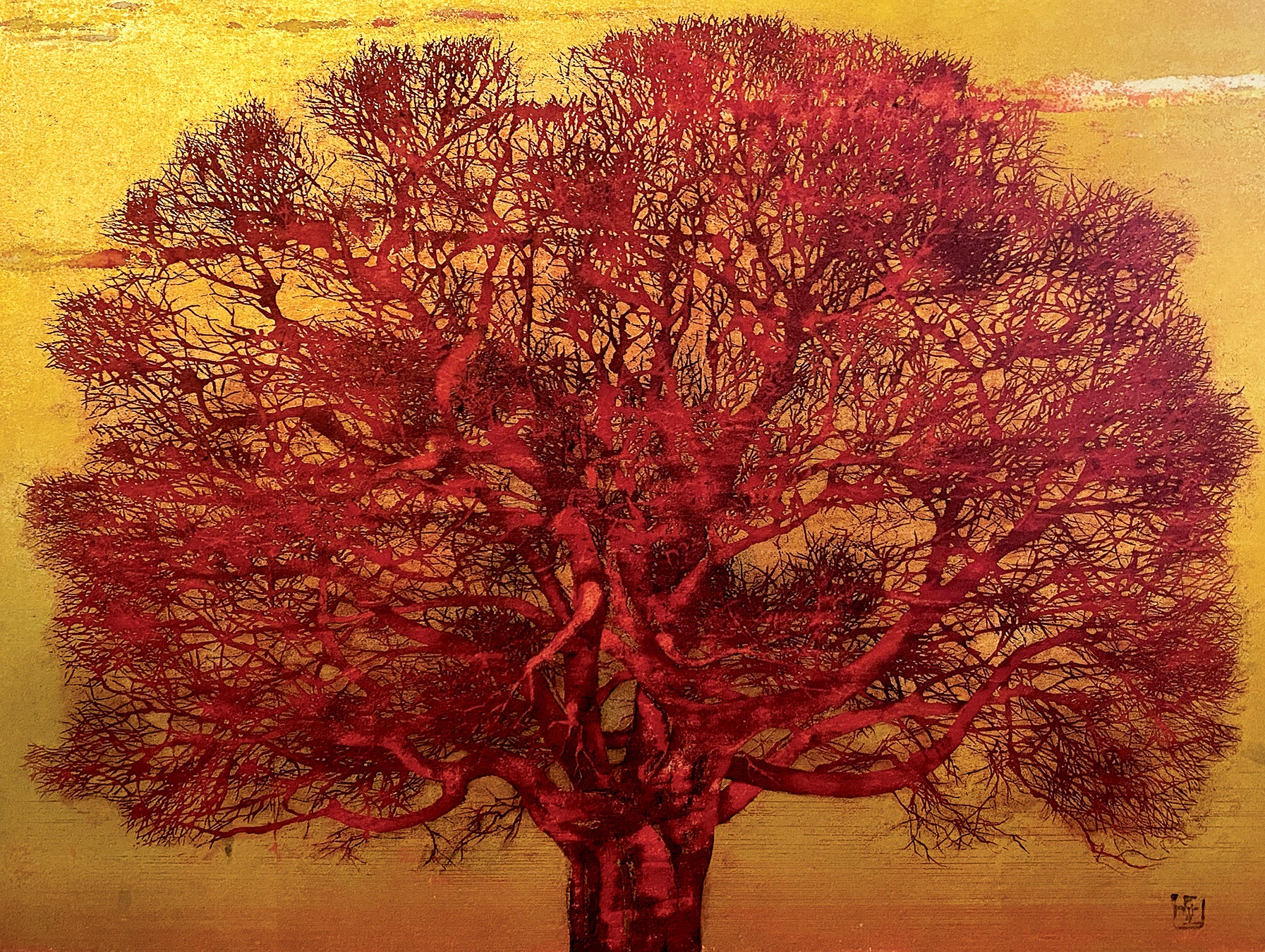 真作保証】星襄一「赤い木」1973年 木版画 直筆サイン 版画 絵画