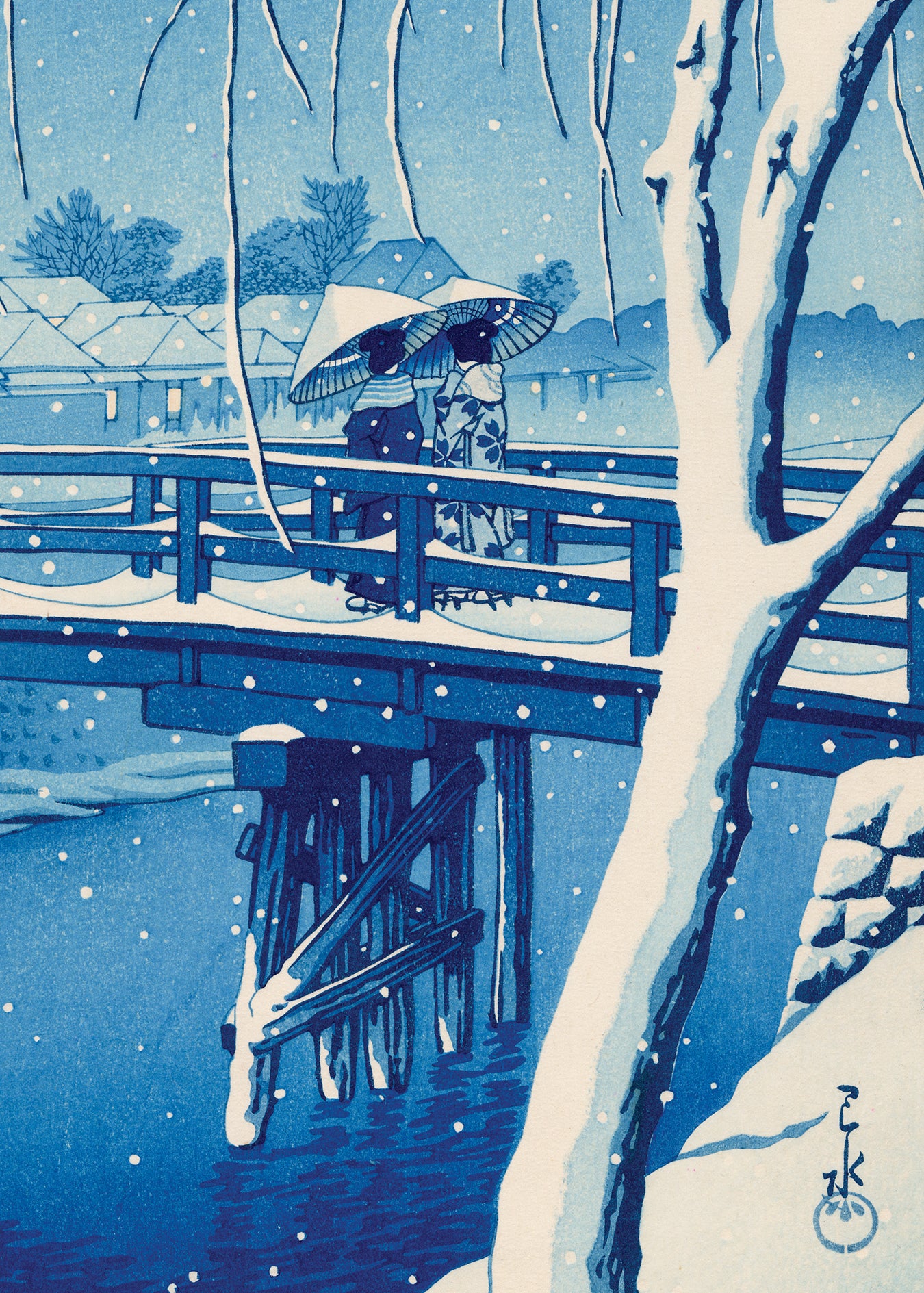 川瀬巴水 「暮るる雪 江戸川」 昭和7年 木版画 状態(優良) 本物保証