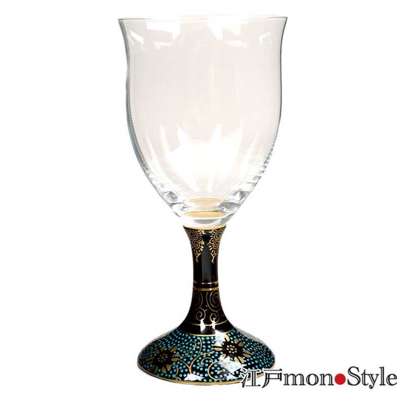 九谷焼×江戸硝子】九谷和ワイングラス(青粒鉄仙)【メッセージ入れ可