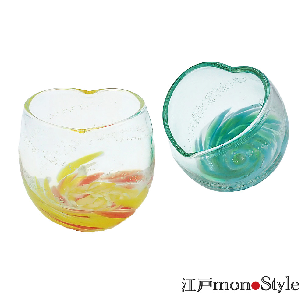 琉球ガラス】【ペア】ハートグラス(海蛍/オレンジ＆緑)【名入れ