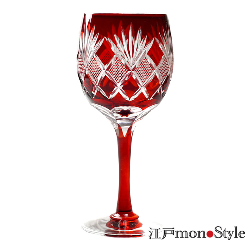 衿』江戸切子 金赤 ワイングラス 5客 酒杯 酒器 硝子工芸 （鈴10） 衿