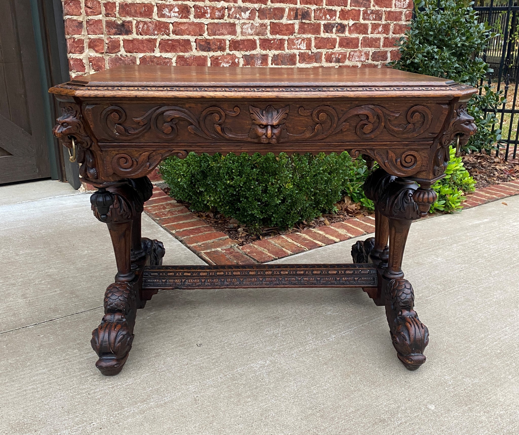 Antique French Desk Dolphin Table Renaissance Revival Carved Oak