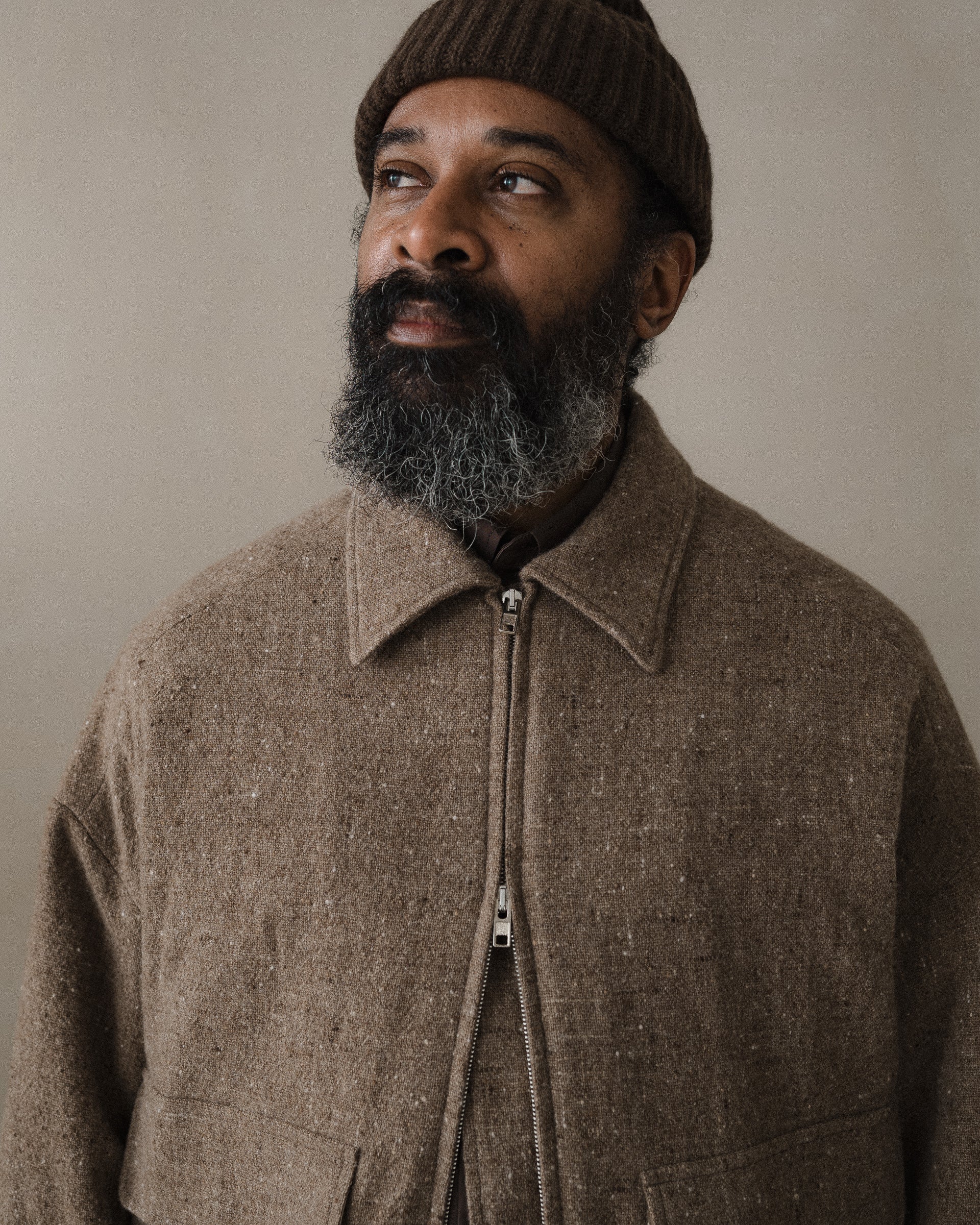 Zip Jacket Two - Undyed Wool Tweed, Dark Beige – evan kinori