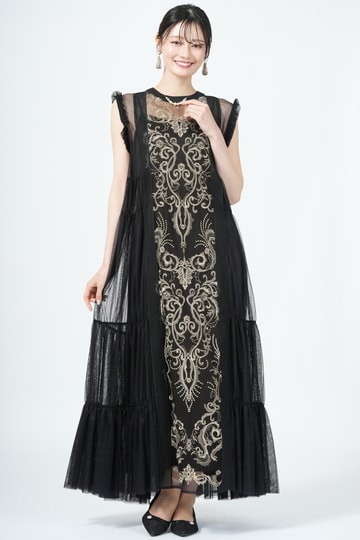 Ameri VINTAGE ダマスク柄ティアードブラックドレス (M) をレンタル