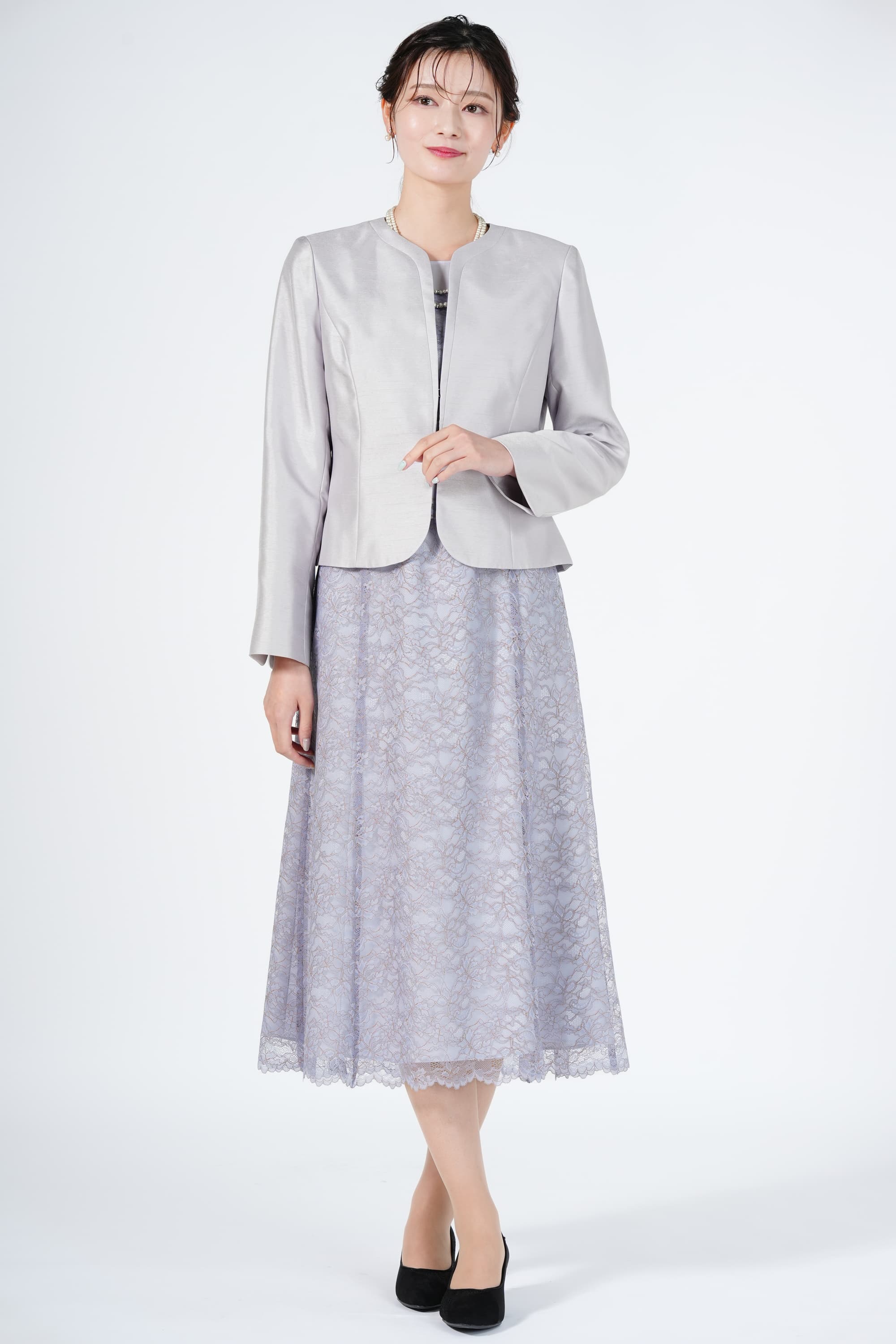 RIFANNE 東京ソワール スカラップ裾レースくすみブルードレスセット (M