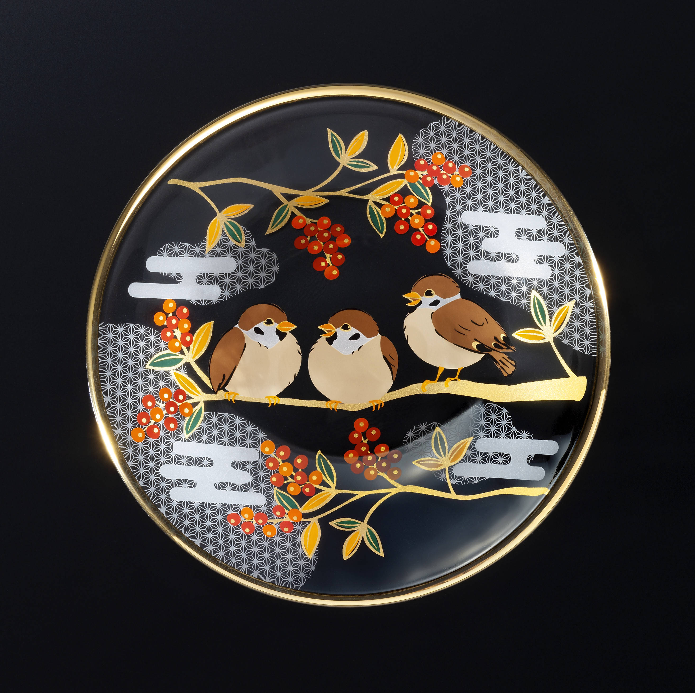 PNT 吉祥花鳥 雀と南天 豆皿 ｜ 【アデリア公式】ガラス雑貨の卸・仕入